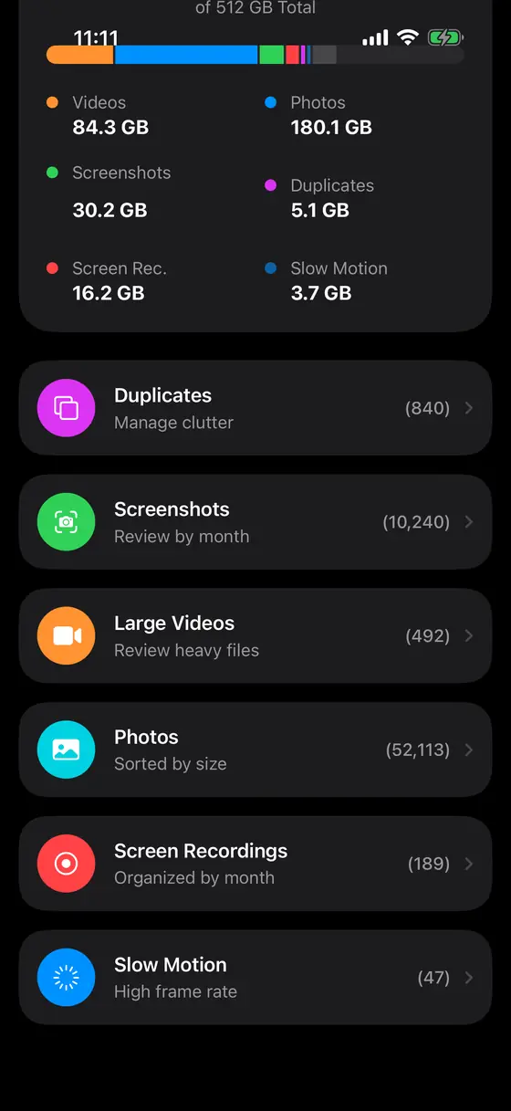 Cleanup Photos home screen showing categories