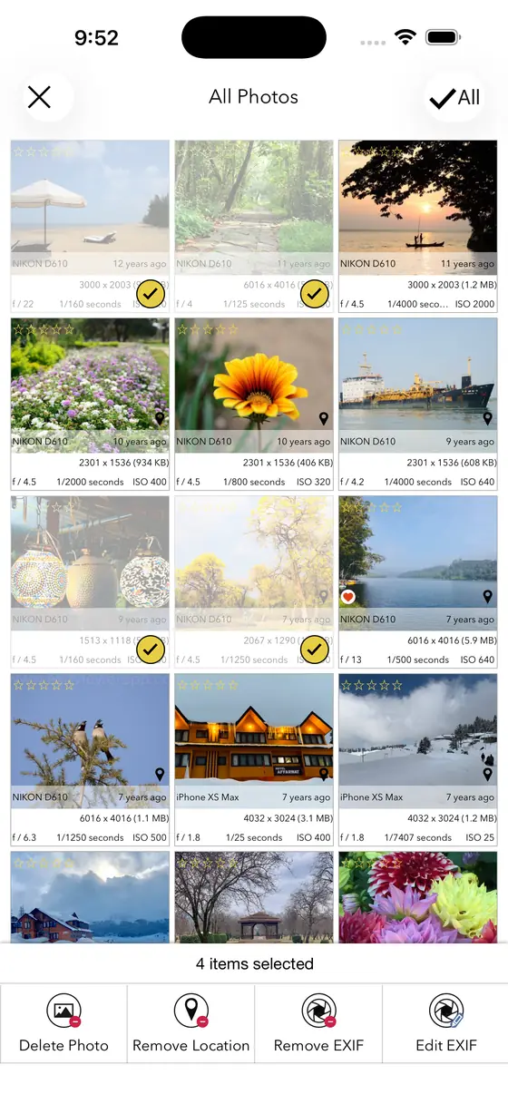 EXIF Viewer with multiple photos selected for bulk editing