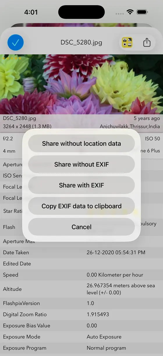 EXIF Viewer running as an extension inside the Photos app